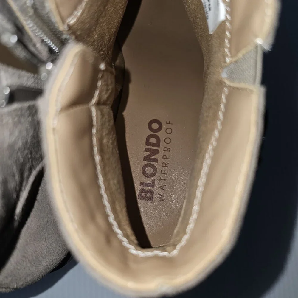 Blondo Shanna Waterproof Moto Ankle Boot Womens 7.5 Taupe Suede Buckle Fall NEW
